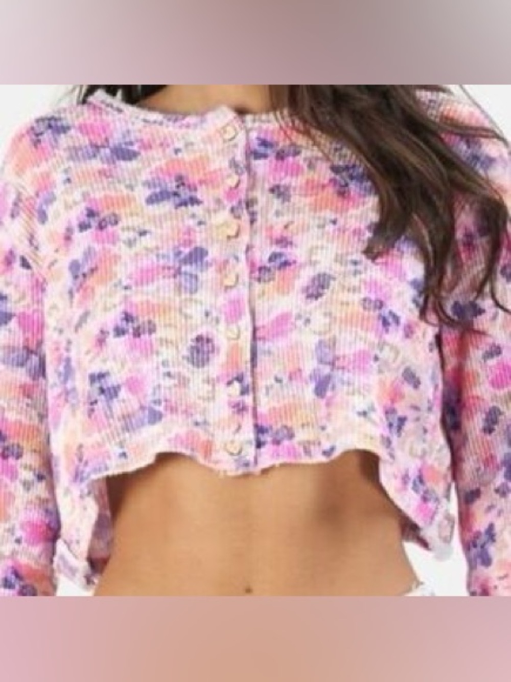Floral Knit Crop Button-Front Top - Pink & Purple